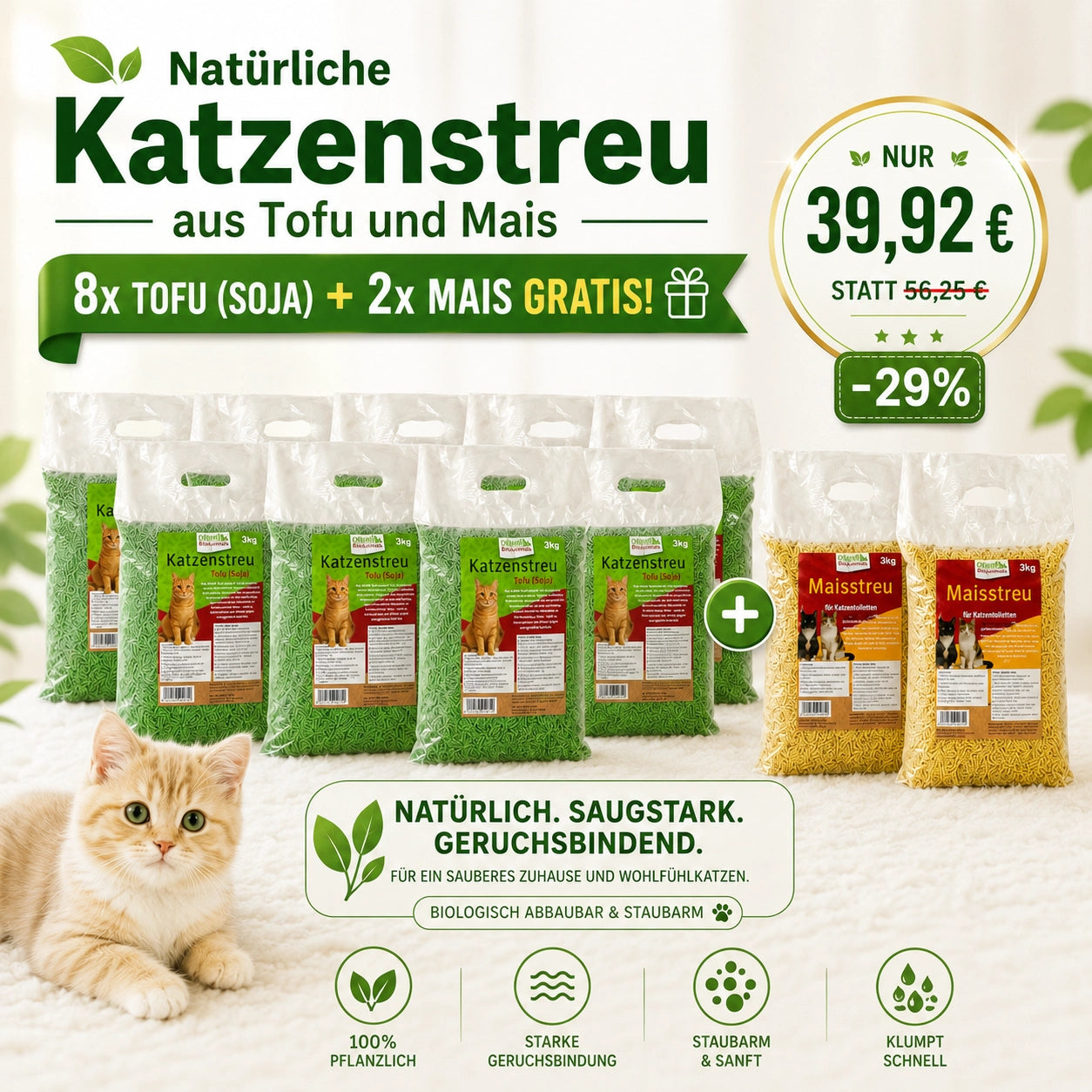 Katzenstreu Set 30 kg – 8× Tofu & 2× Mais
