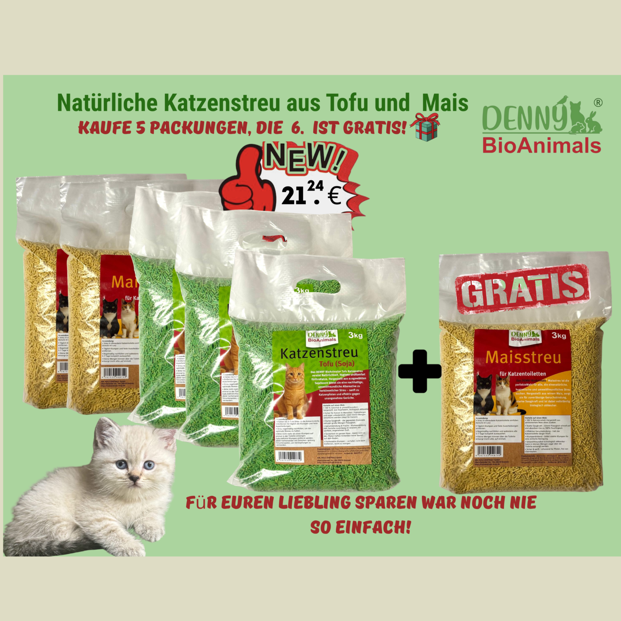 Katzenstreu Set 18 kg Tofu und Mais von Denny Bio Animals – Ansicht 1