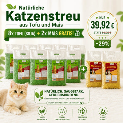 Katzenstreu Set 30 kg – 8× Tofu & 2× Mais