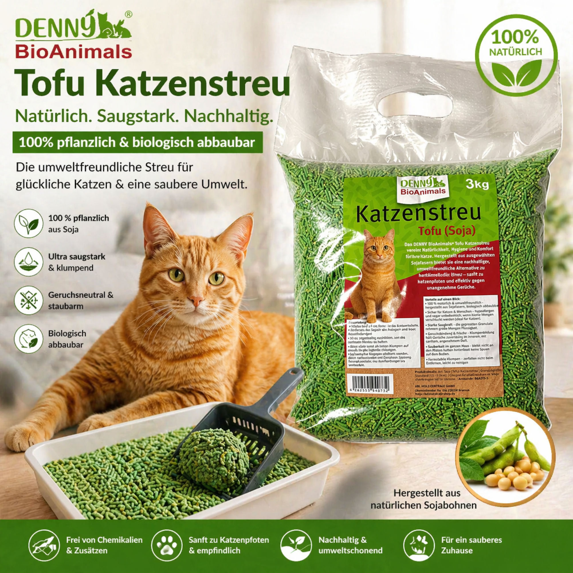 Katzenstreu Set 18 kg Tofu und Mais von Denny Bio Animals – Ansicht 2