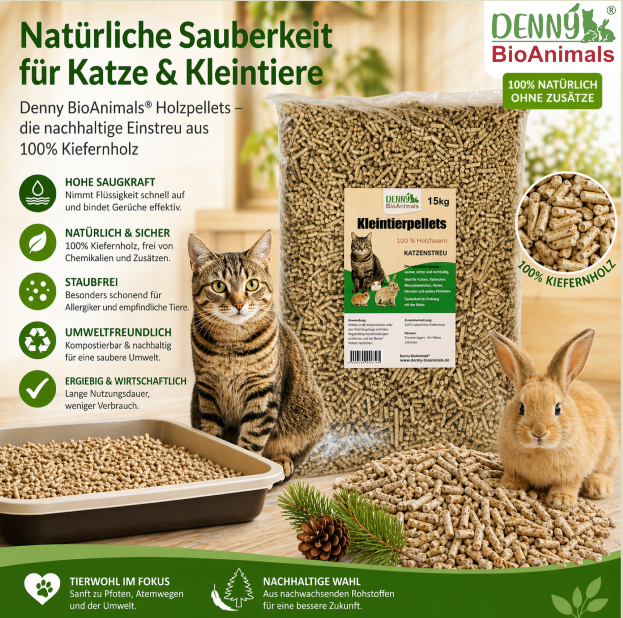 Holzpellets Kleintier- und Katzenstreu 15 kg / 23 L von Denny Bio Animals – Ansicht 3